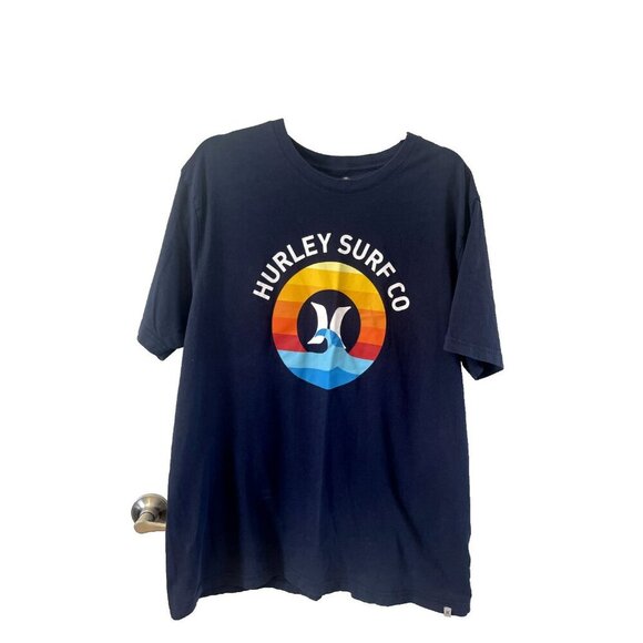 Hurley Surf Co. Shirt Men's XL Navy Blue Short Sleeve Logo Spell Out Waves - Picture 1 of 3